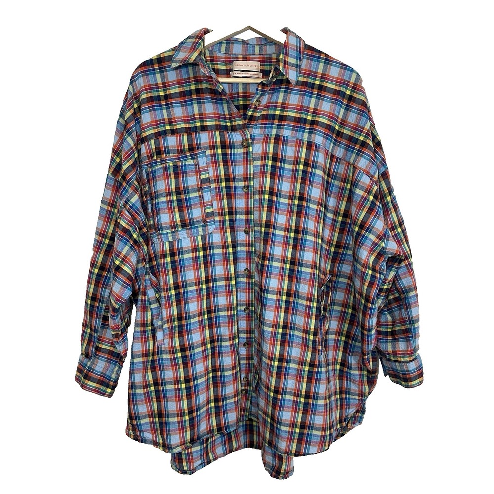 Urban Outfitters Women's SMALL Bryce Oversized Plaid Button-Down Shirt Colorful